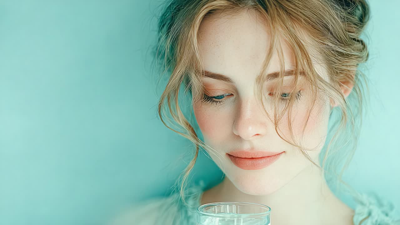 Un sereno ritratto di una giovane donna che tiene in mano un bicchiere d'acqua su uno sfondo blu tenue, che irradia bellezza naturale e tranquillità