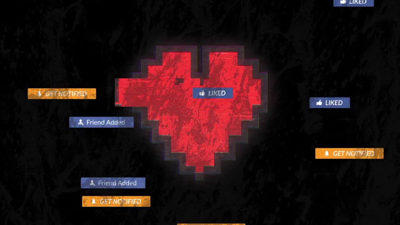 animación del corazón del píxel y las reacciones de las redes sociales sobre un fondo negro
