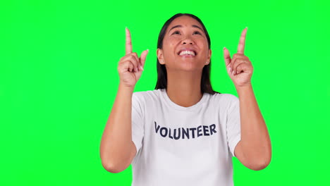 Face, woman or volunteer pointing up