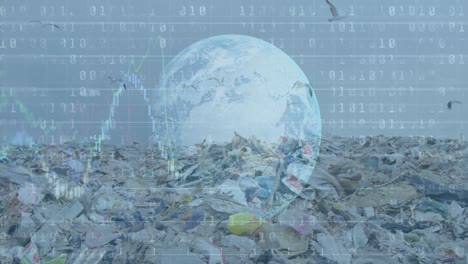 codificación binaria y procesamiento de datos financieros en todo el mundo contra el vertedero con pájaros volando en el cielo