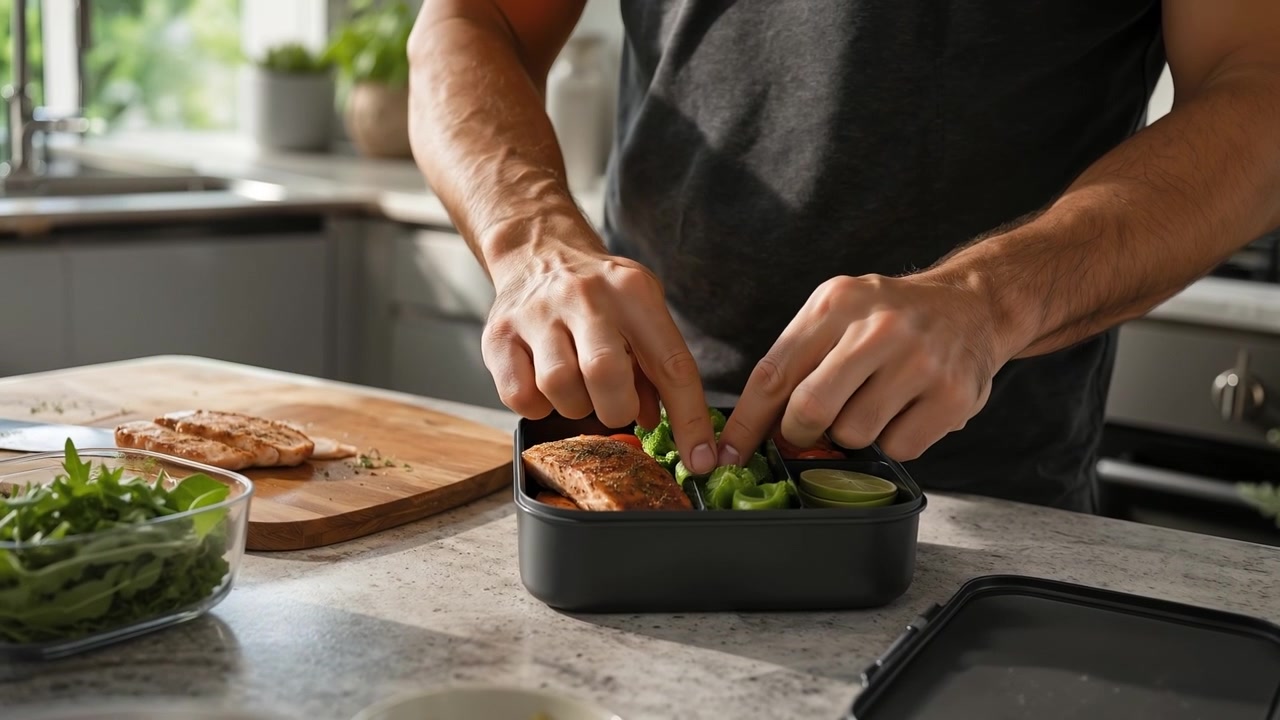 Mann bereitet in der Küche eine gesunde Meal-Prep-Box mit Lachs und Brokkoli zu.