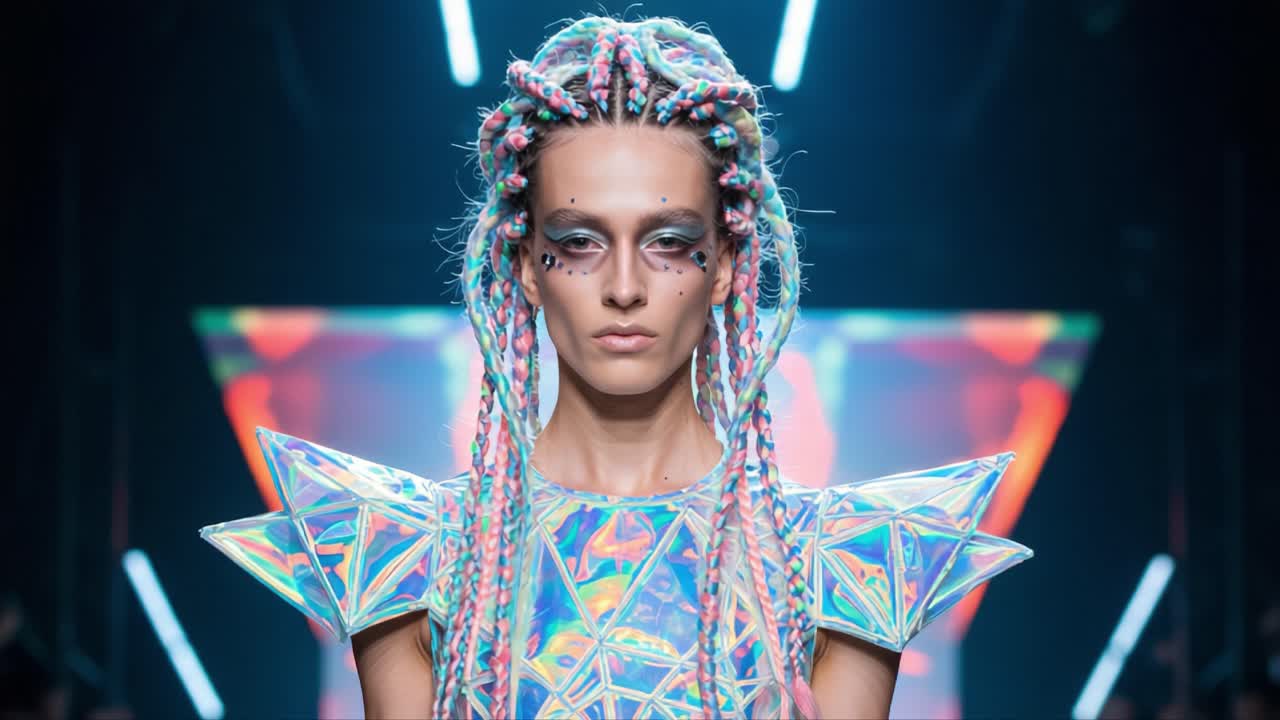 Futuristic Fashion Showcase: A Model Struts Down the Runway in Stunning Iridescent Outfit with Creative Hair and Bold Makeup, Highlighting Contemporary Trends in Fashion Design