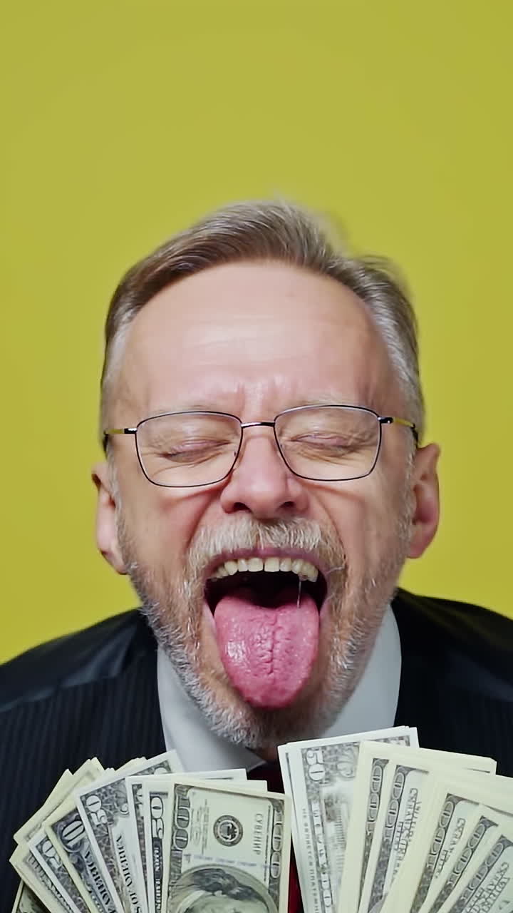 Portrait of happy senior man with money. Mature man in glasses holds many dollar bills and opens his mouth with joyfulness on yellow background. Slow motion. Vertical video