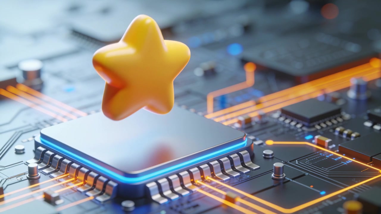 Power pulsing pushing 3D yellow star descending toward chip on PCB, forming clear reflection