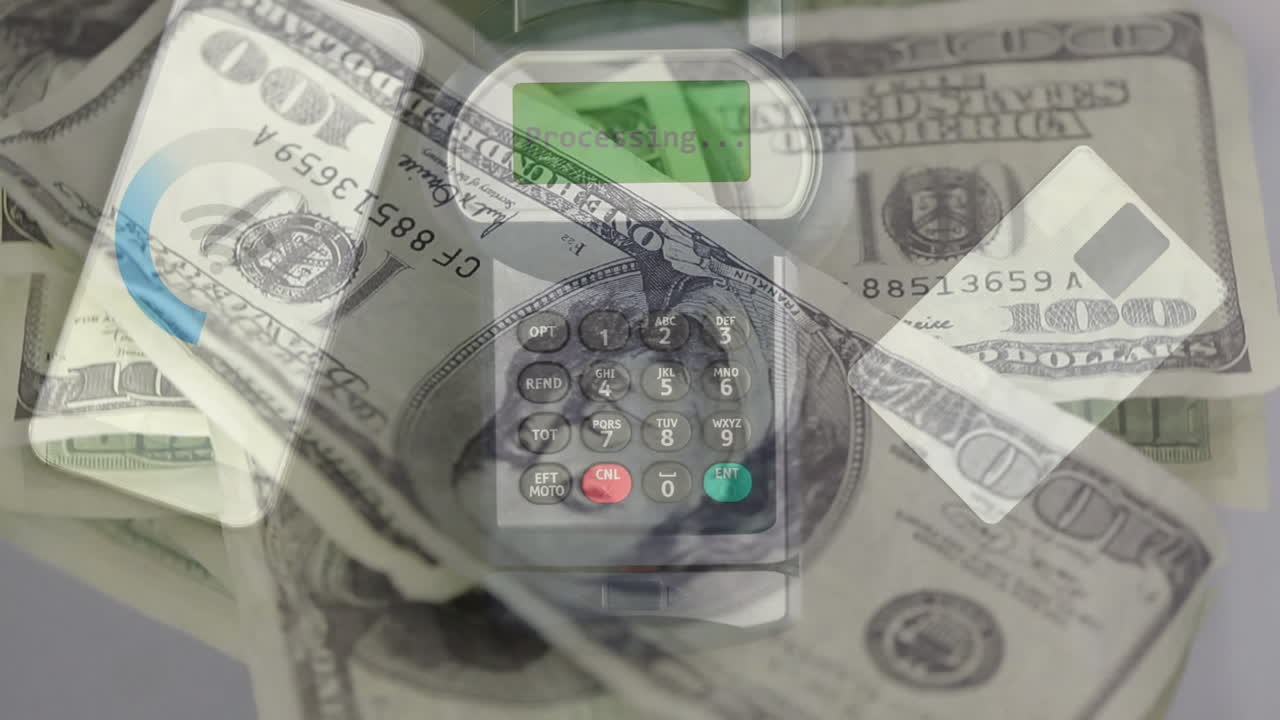 미국 달러 지폐와 결제 터미널의 애니메이션