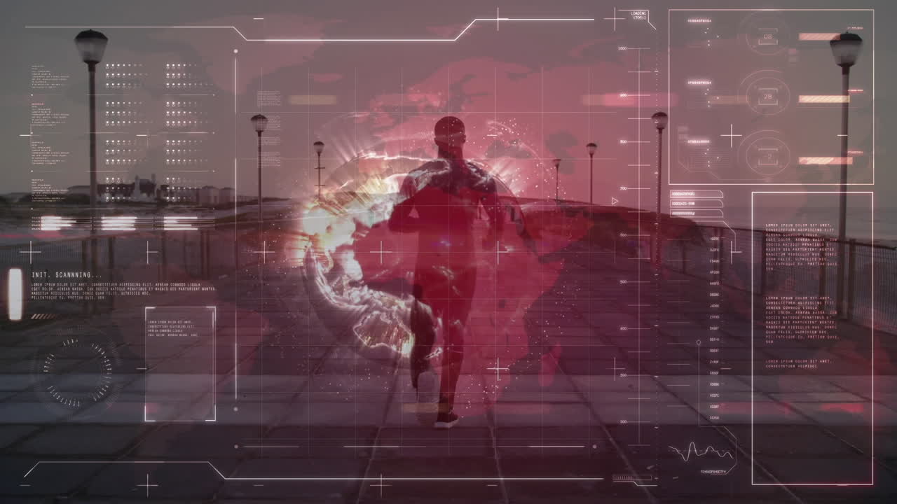 interfaz de computadora con procesamiento de datos y girando el globo contra el hombre afroamericano corriendo