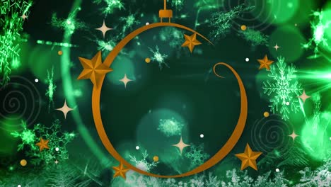 animation of christmas bauble over snowflakes and light spots on green background