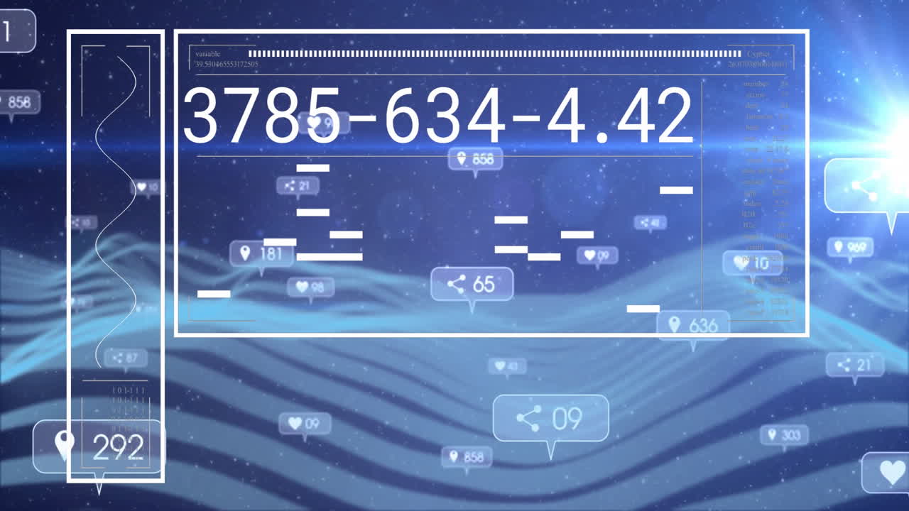 Social media interaction data animation over digital landscape with numerical codes