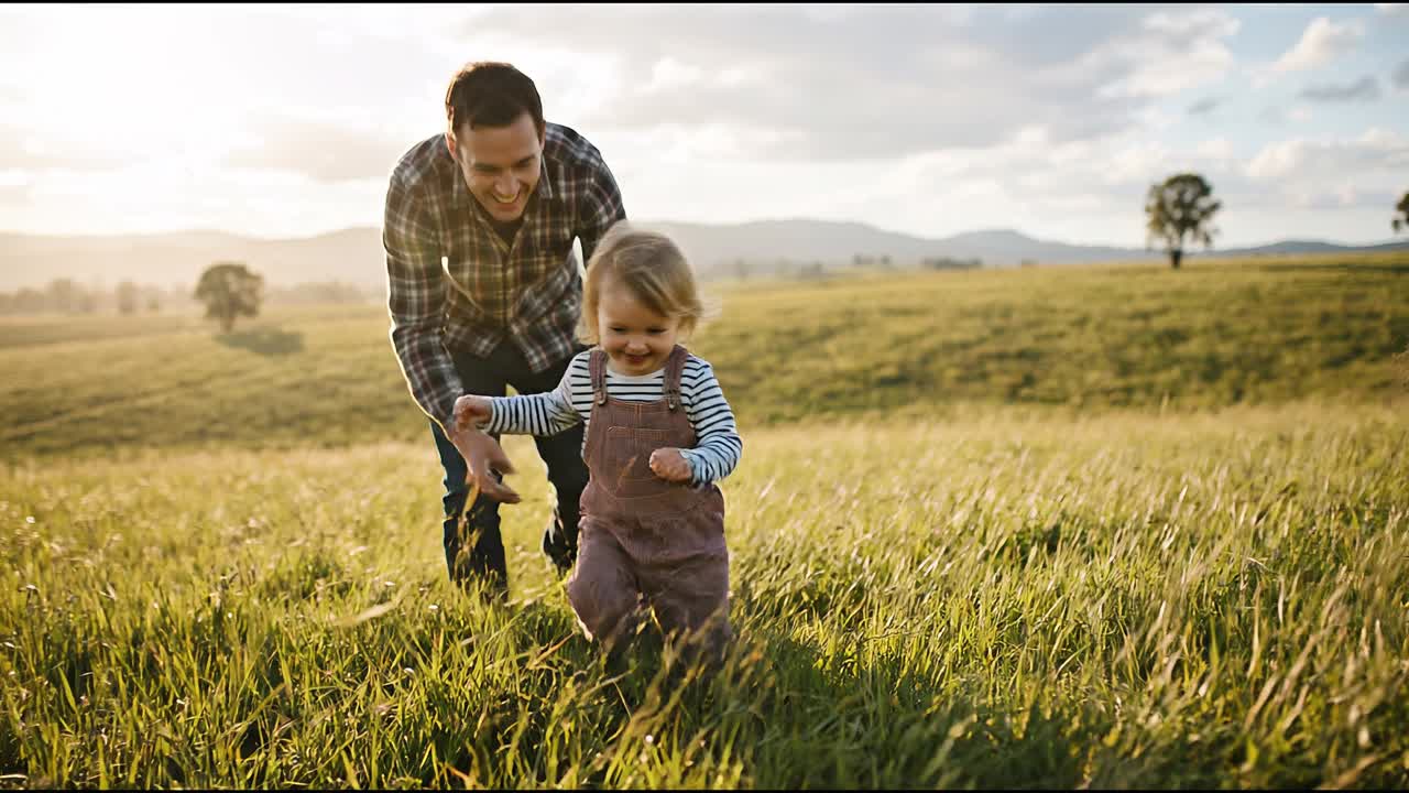 Padre sorridente che guida un bambino piccolo che corre attraverso un prato illuminato dal sole con montagne sullo sfondo nella calda luce della sera
