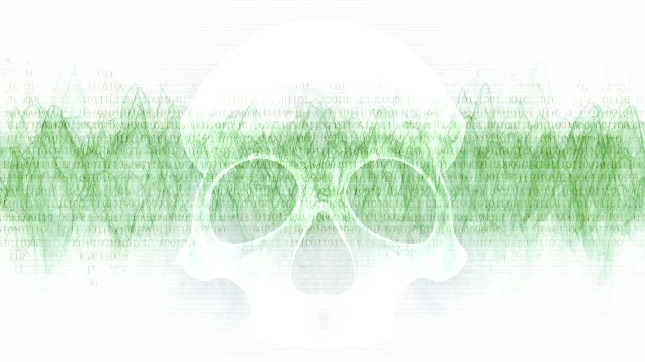 인터넷에 숨어있는 위험 - 가운 테마. 백색 두개골 앞에 파형에 바이너리 코드를 통과하는 루프 준비 애니메이션.