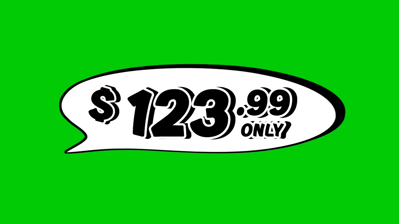 $123.99 price tag in speech bubble animation motion graphics on green screen background. Perfect for ads, e-commerce, retail, discounts, and promotion business concept video element