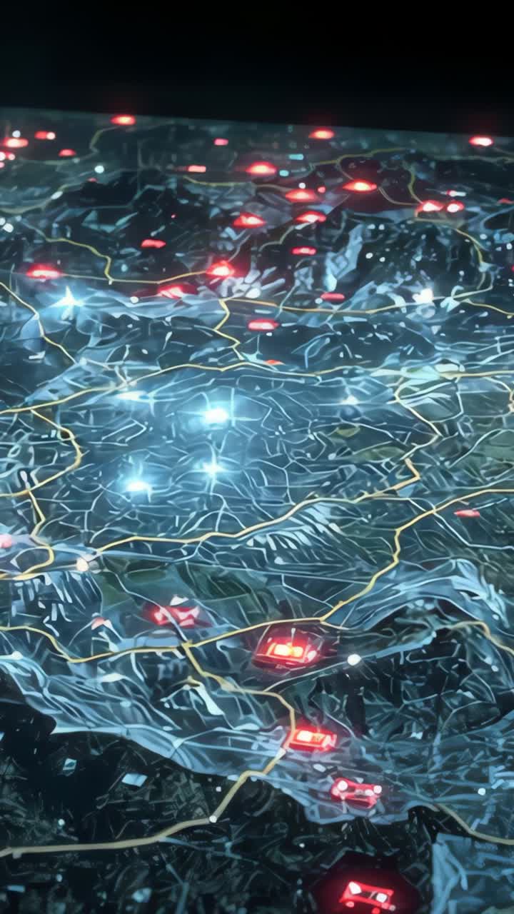 Vertical video: Starting camera panning terrain map across wireframe grid, highlighting red markers