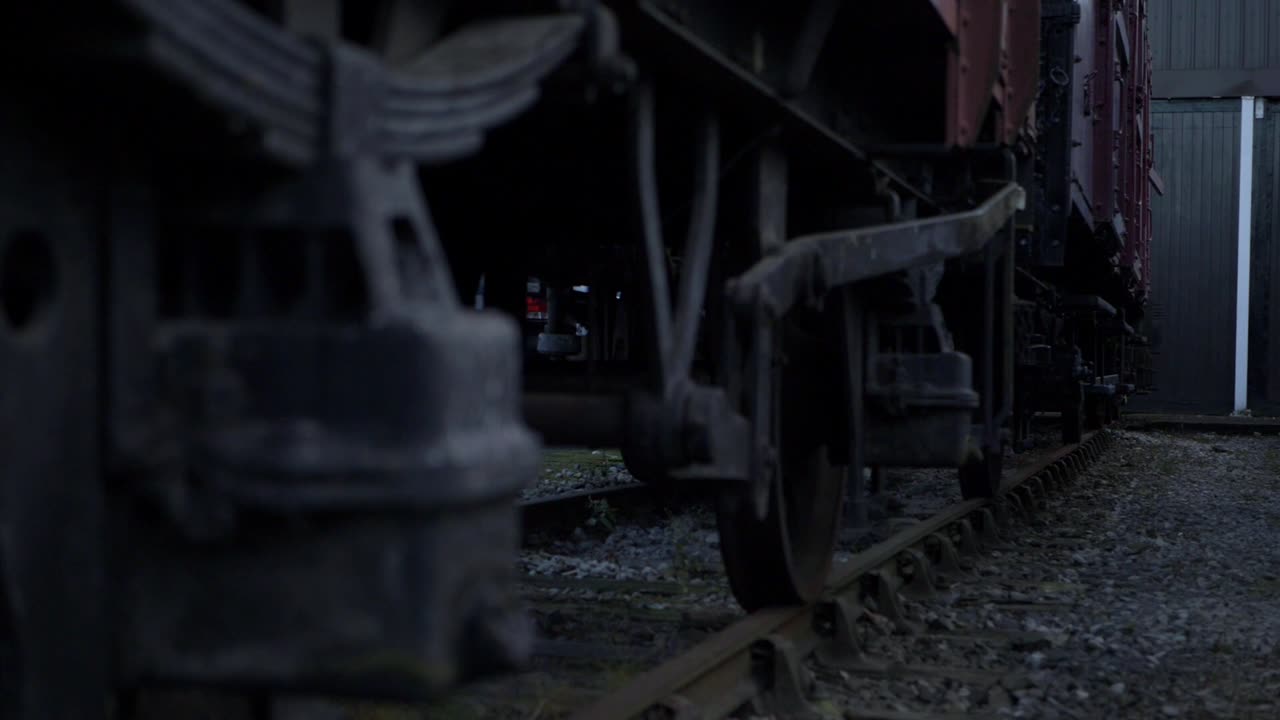 vagones de carga de trenes estacionarios en la vía toma panorámica media baja