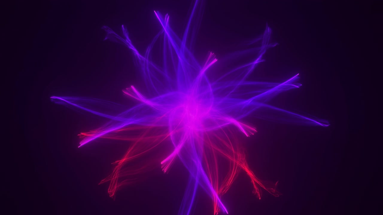 Abstract neon light streaks burst from the center with glowing magenta and purple motion against a dark background, creating a futuristic and energetic atmosphere