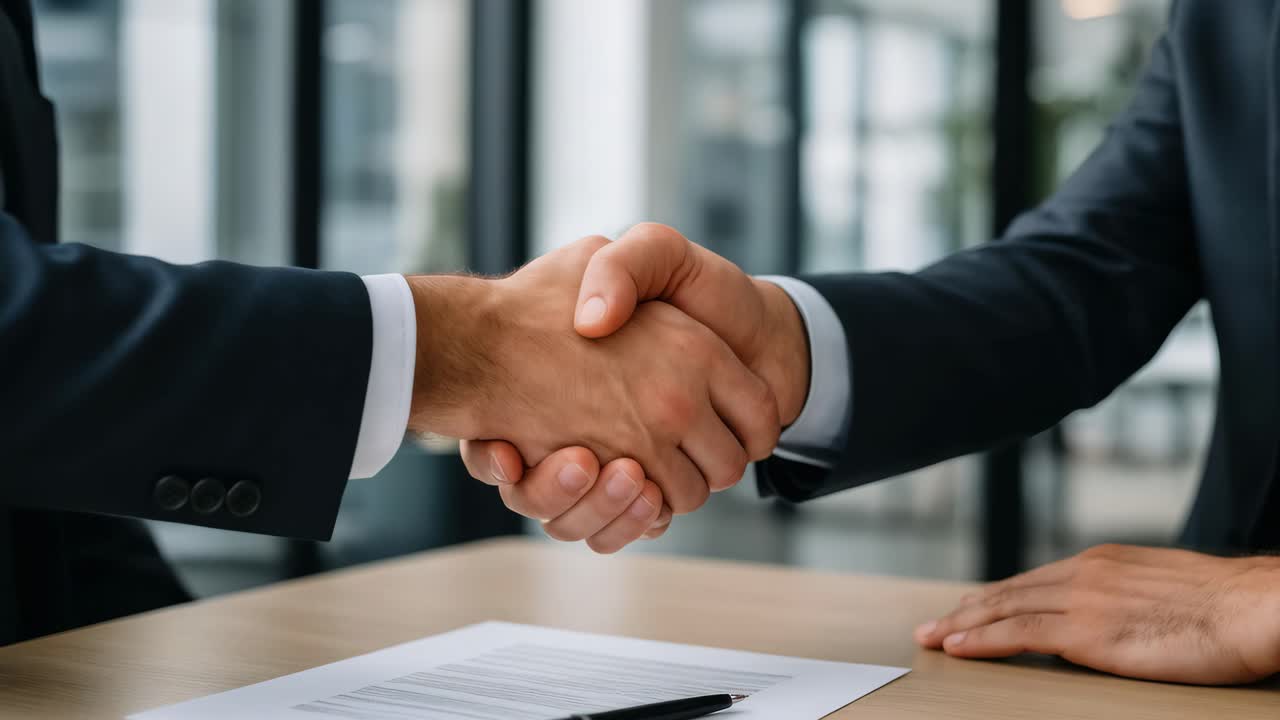 Close-up, eye-level shot of a business meeting with hands on a table, focusing on a contract