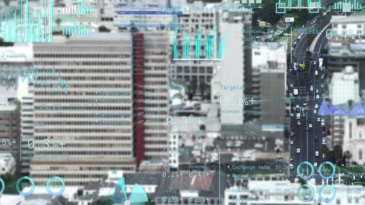Animation of financial data processing over cityscape