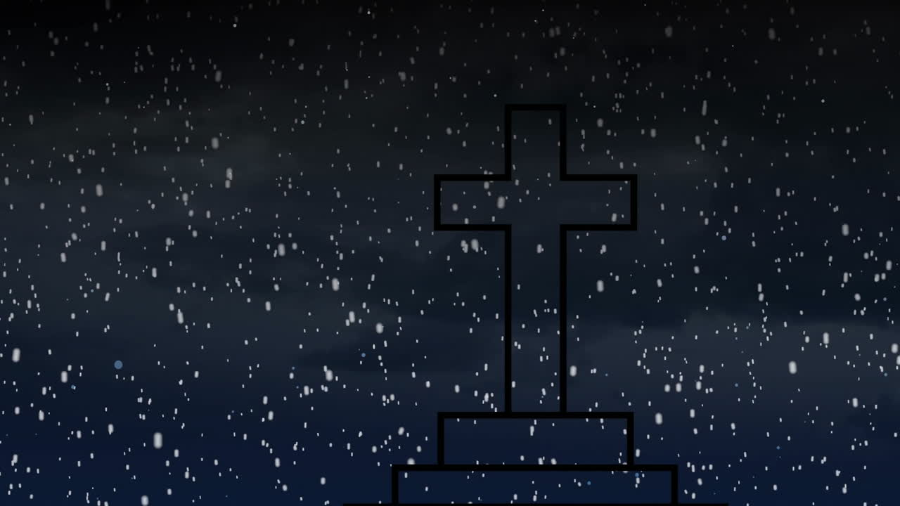 Falling snowflakes around cross silhouette against dark, cloudy sky background