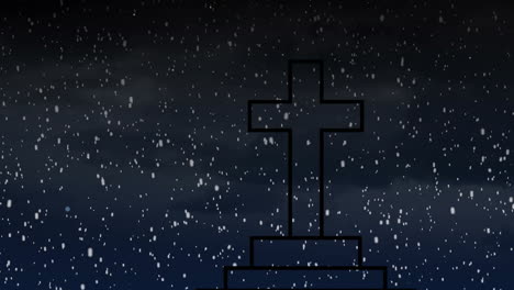 falling snowflakes around cross silhouette against dark, cloudy sky background