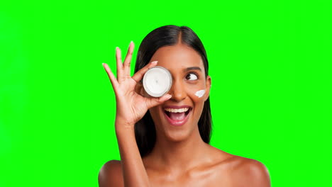 cream, jar and green screen of happy woman
