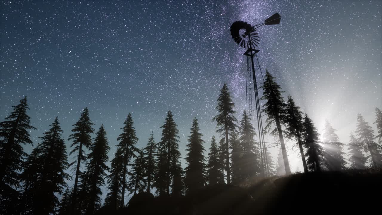 산악 숲 에 있는 레트로 풍차