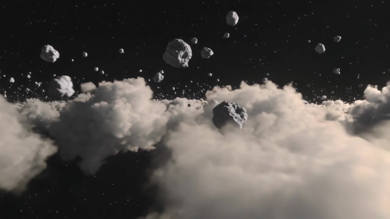 Telecamera che avanza partendo vicino a delle rocce, viaggiando attraverso un campo di asteroidi sopra una nebulosa, rivelando stelle.