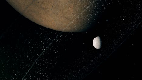 Majestic-digital-simulation-of-giant-planet-and-small-moon-with-lot-of-cosmic-derbies,-stones-and-rocks-orbiting