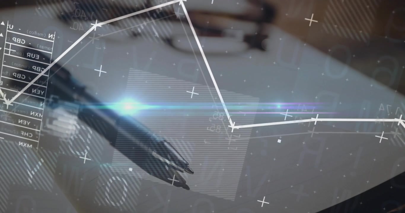Pens initiating overlays fading in, graph plotting currency trends for market visualization