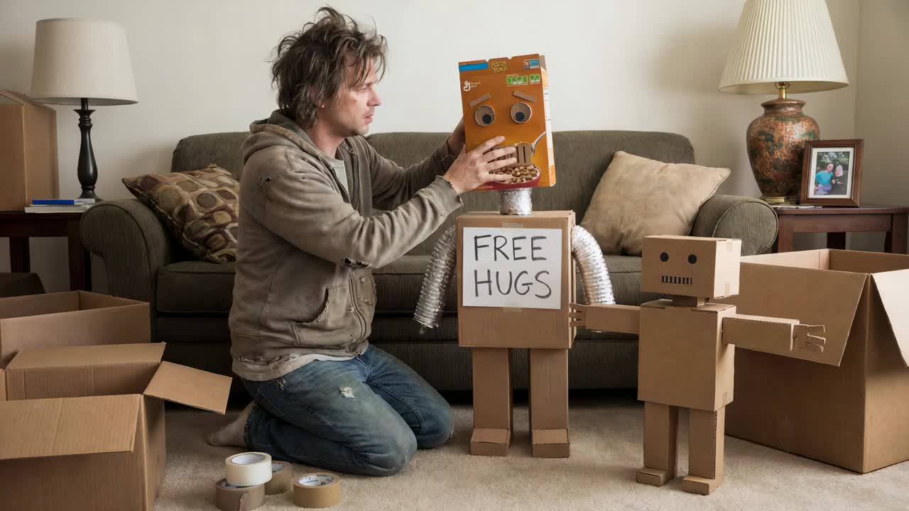 Een man in een hoodie die kartonnen robots thuis op een tapijt in elkaar zet na het uitpakken, met een bordje 'GRATIS KNUFFELS'
