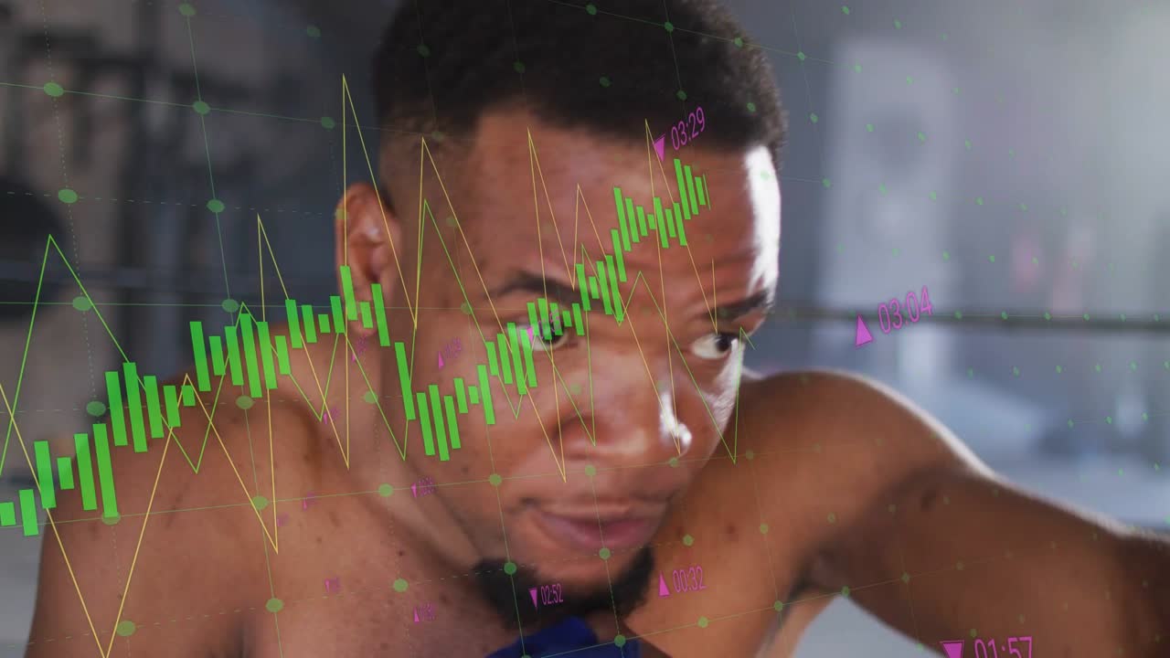 Male boxer training, raising guard and throwing jabs in ring, sports tech overlays tracking metrics