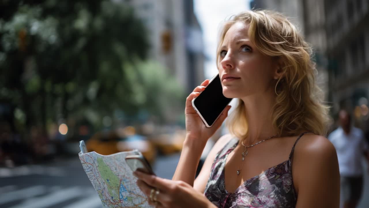 Una giovane donna si orienta per le vie della città con una mappa in una mano e un telefono nell'altra, catturando l'essenza dell'esplorazione urbana e della connessione.