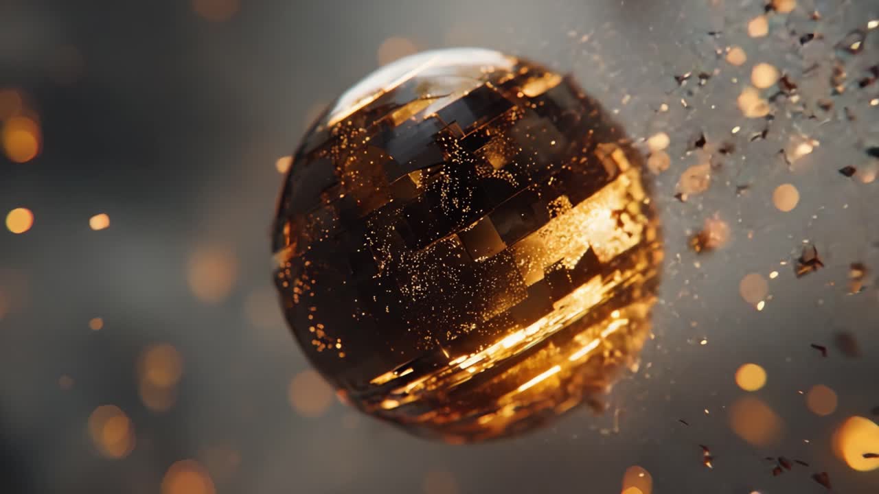 Una visualizzazione mozzafiato di una sfera dorata che si frantuma, catturando il momento della frammentazione su uno sfondo di particelle scintillanti e movimento dinamico.