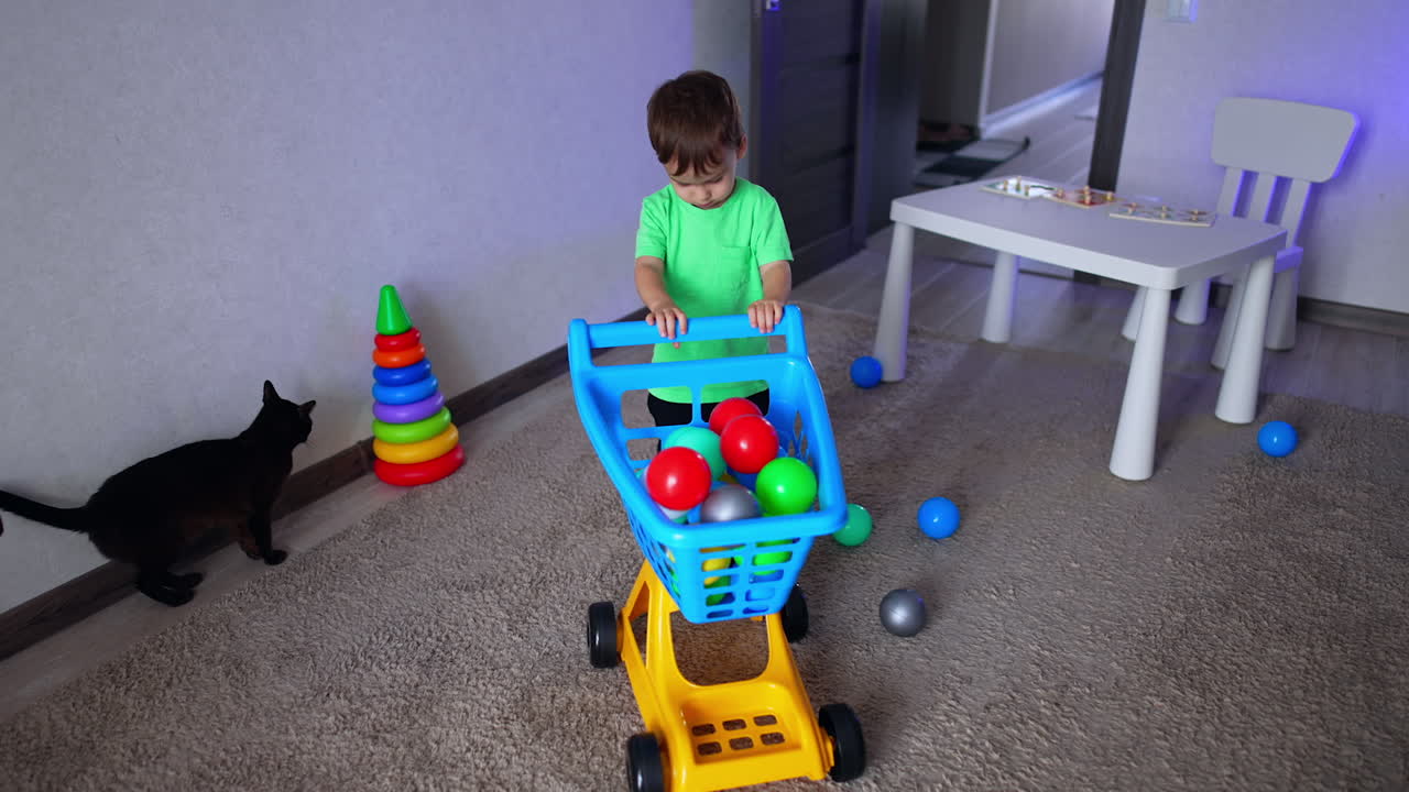 Eighteen months toddler playing with a toy shopping cart filled with balls. Black cat stands near the wall. Top view.