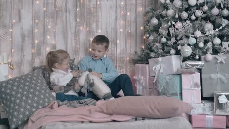 adorable hermano y hermana se divierten jugando con peluches