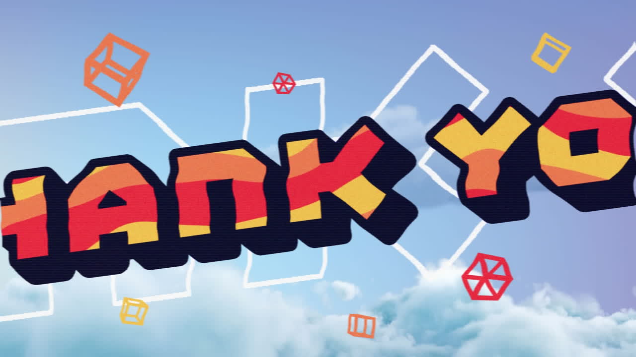 구름이 많은 파란 하늘 위에 있는 감사 문자의 애니메이션