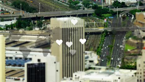 animation of media icons and world map over cityscape