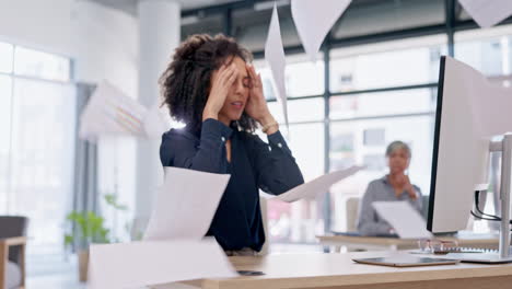 Angry,-stress-and-a-woman-with-paper-at-work
