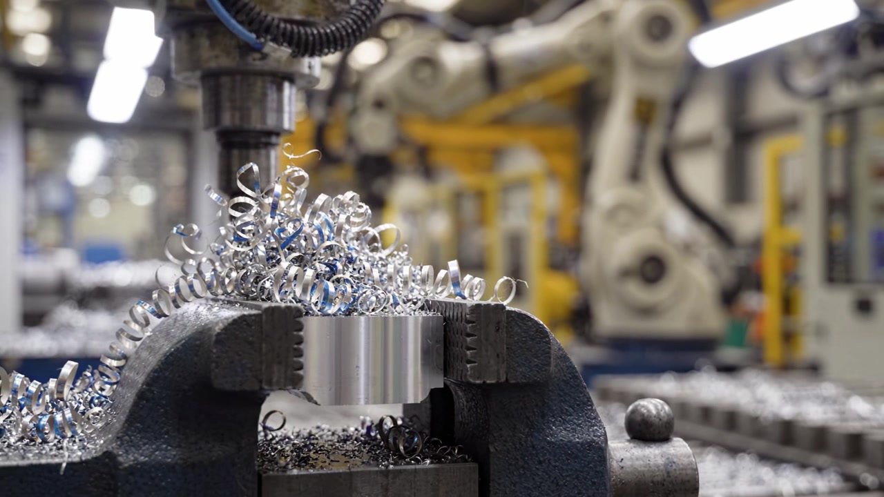 Precision Machining Process with Metal Shavings in a Modern Manufacturing Facility Featuring Advanced Machinery and Robotic Arms