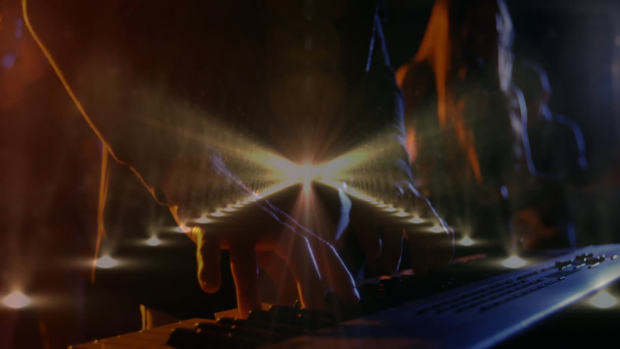 Woman musician playing keyboard on concert stage, with animated spotlight beams and music overlays