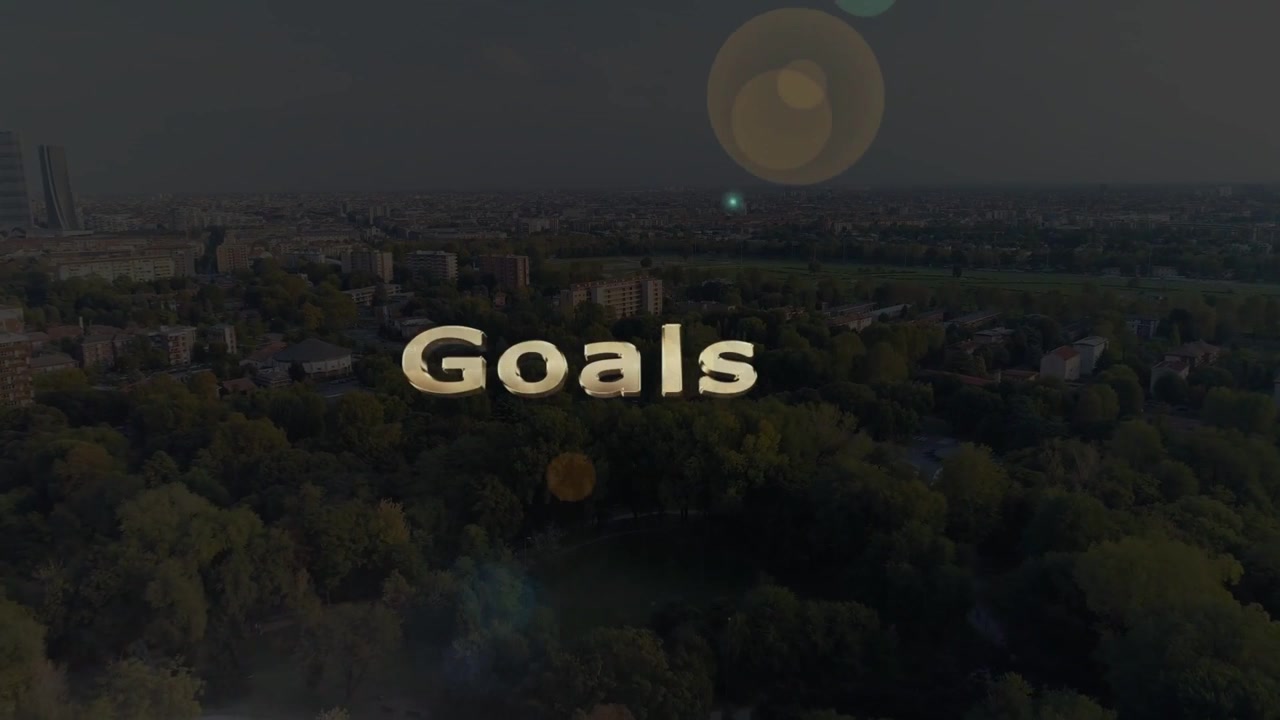 Opening aerial shot cueing gold 3D words rising over trees, reflecting lens flare, driving business