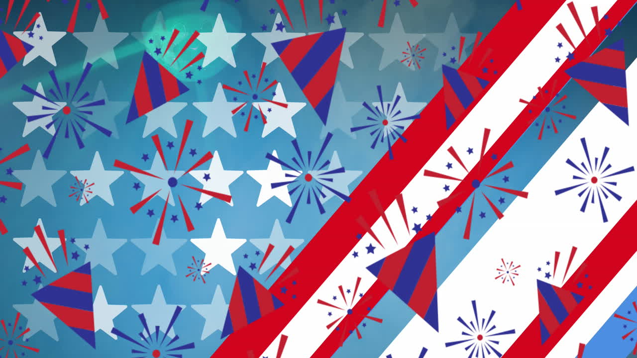Animation of moving red, white and blue stars and stripes patterns of american flag elements
