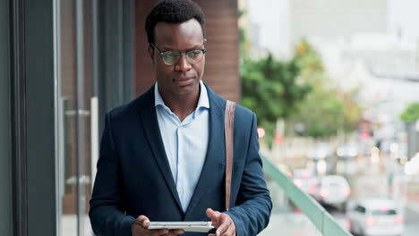 tablet, balcony and happy black man typing