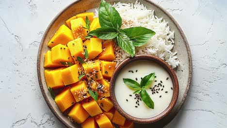 mango sticky rice with coconut milk and sesame seeds