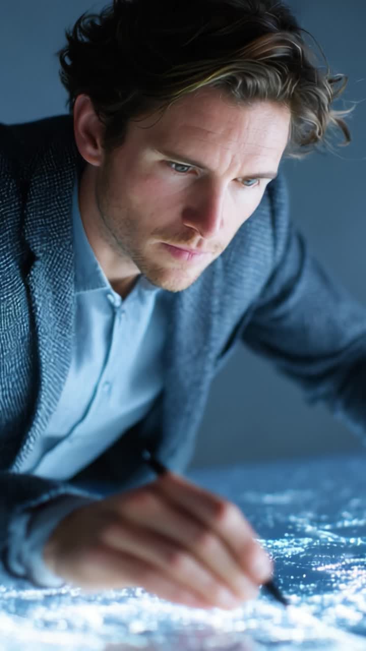 A focused professional deeply engaged in a creative process, meticulously drawing on a glowing surface, with intricate designs emerging under his guidance and expertise