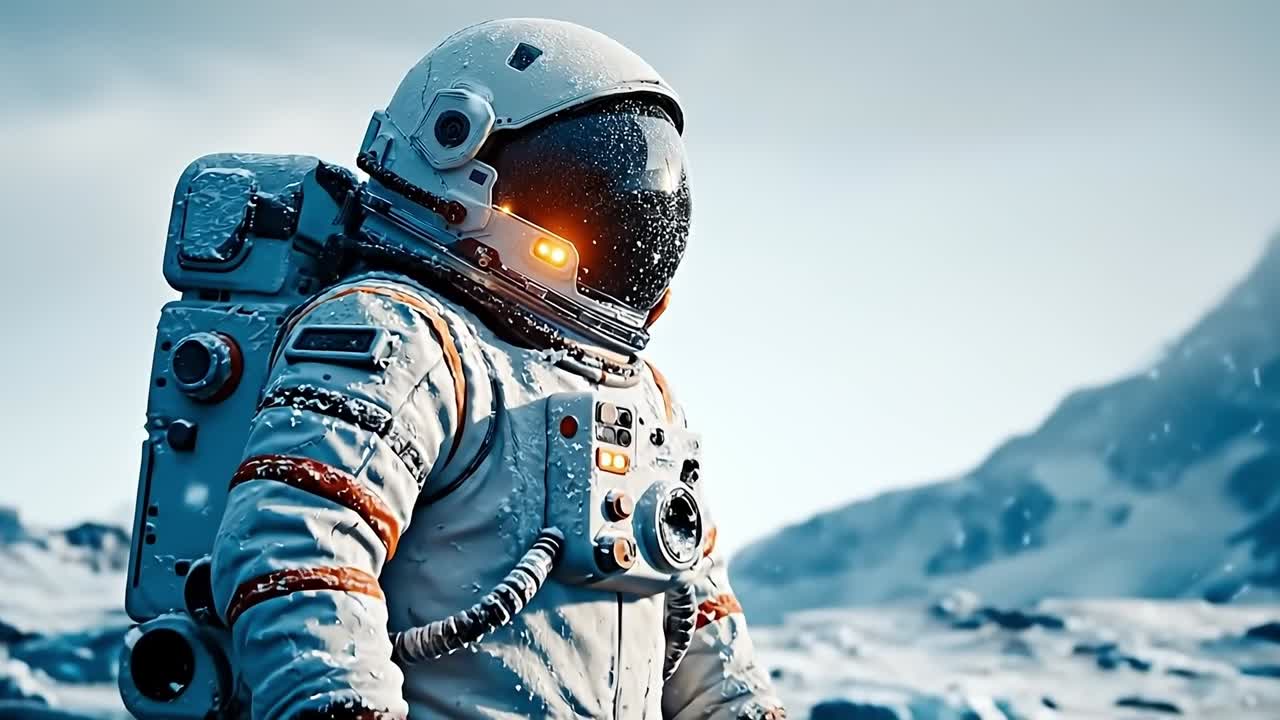 A man in a space suit with a helmet on in the snow