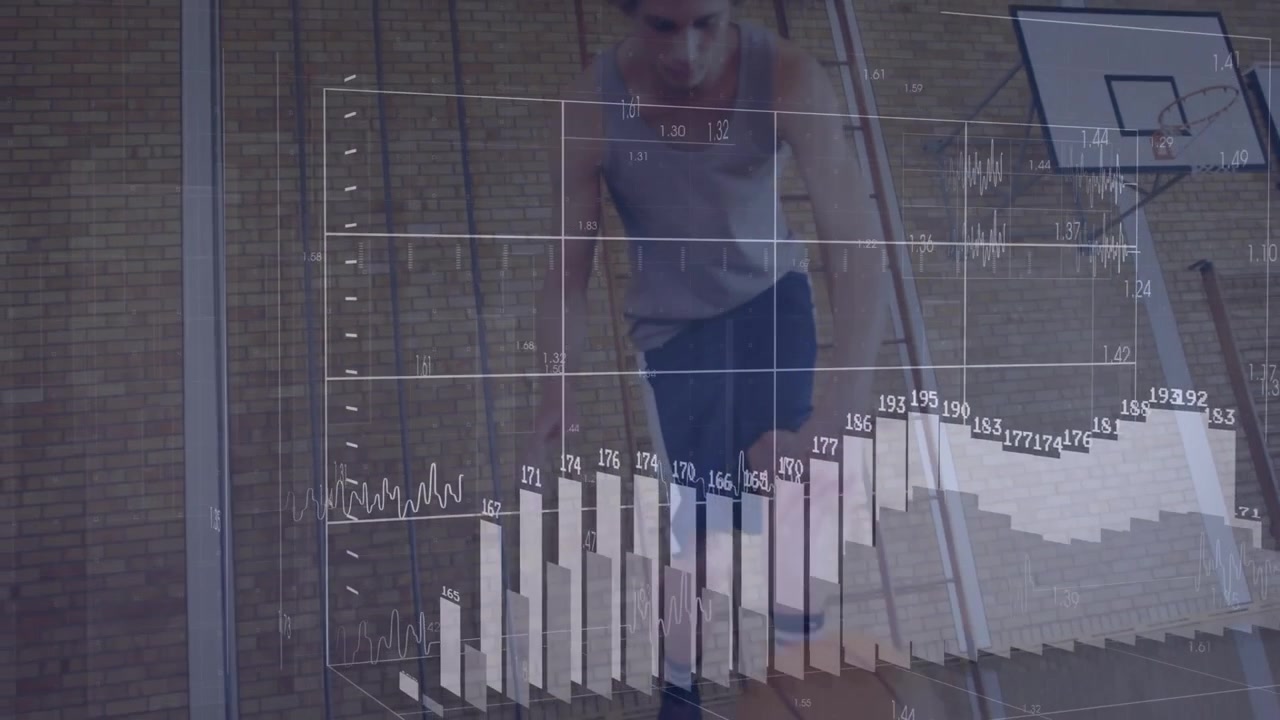 Atleta maschio adolescente che esegue esercizi di step fitness in palestra, mostrando sovrapposizioni di grafici a barre e a linee.