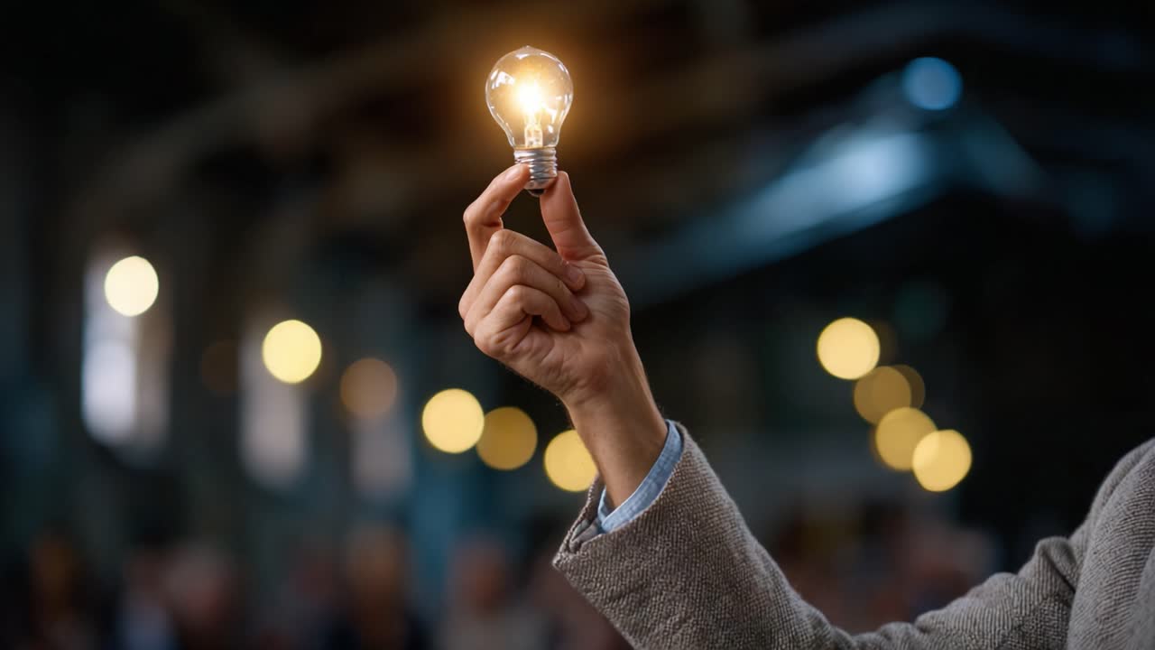 A hand holds a glowing light bulb, symbolizing ideas, innovation, and inspiration in a thoughtfully engaged atmosphere, surrounded by blurry figures in the background