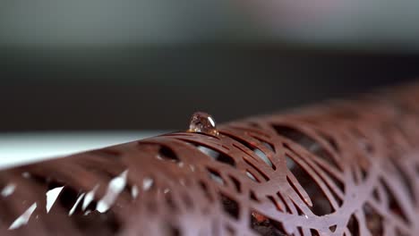 a person decorated a chocolate with a gold liquid, close up shot, insert shot, close up shot