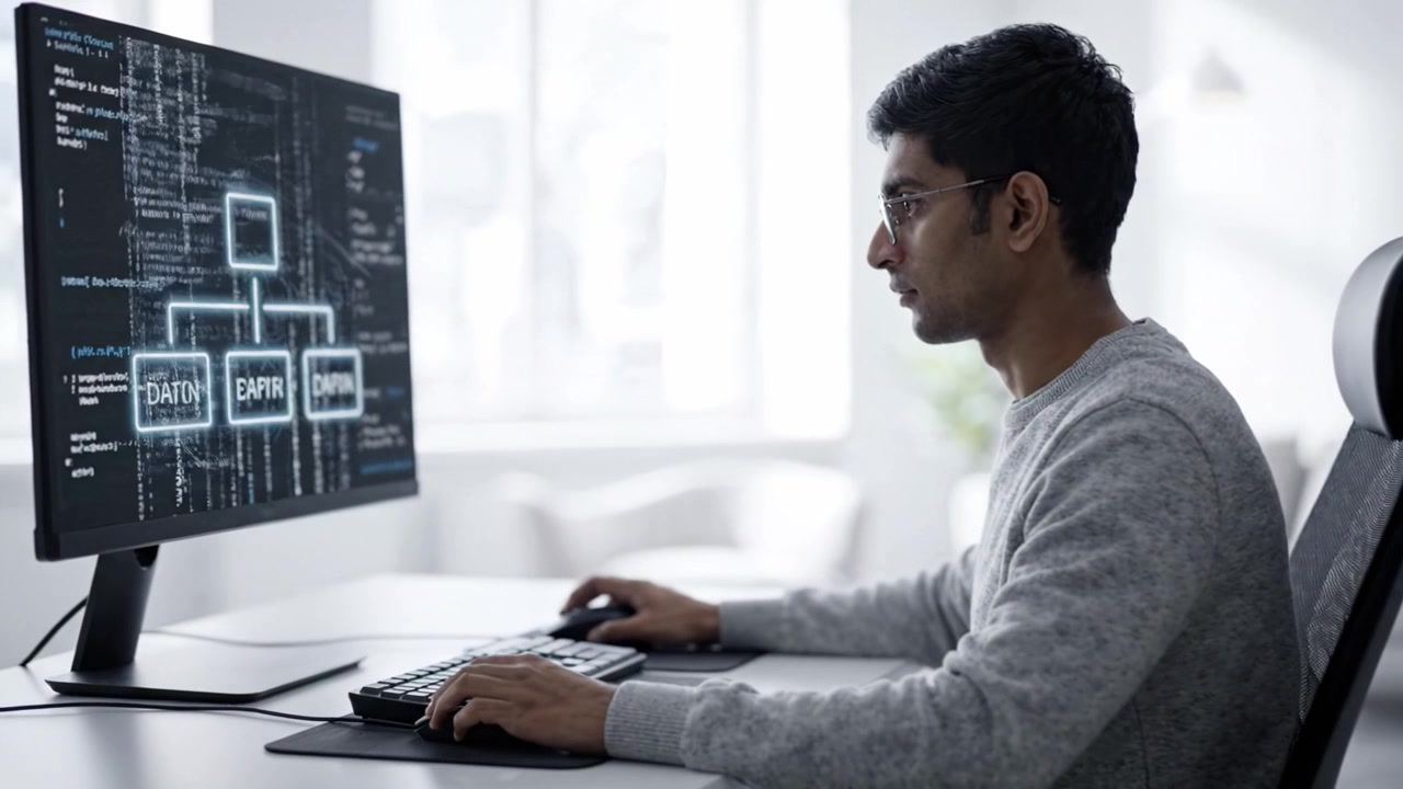 Focused Individual Analyzing Data Structures on Computer Screen in Modern Workspace Environment while Engaged in Programming or Software Development Activities