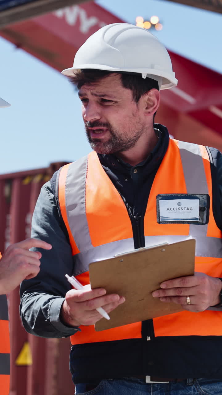 Two Men in Hard Hats Discussing Work at a Container Port