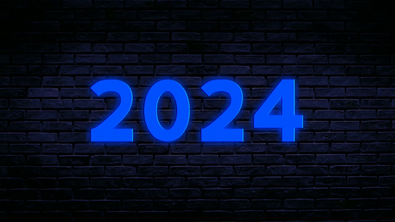número 2024 animación de neón azul gráficos de movimiento en el fondo de la pared de ladrillo